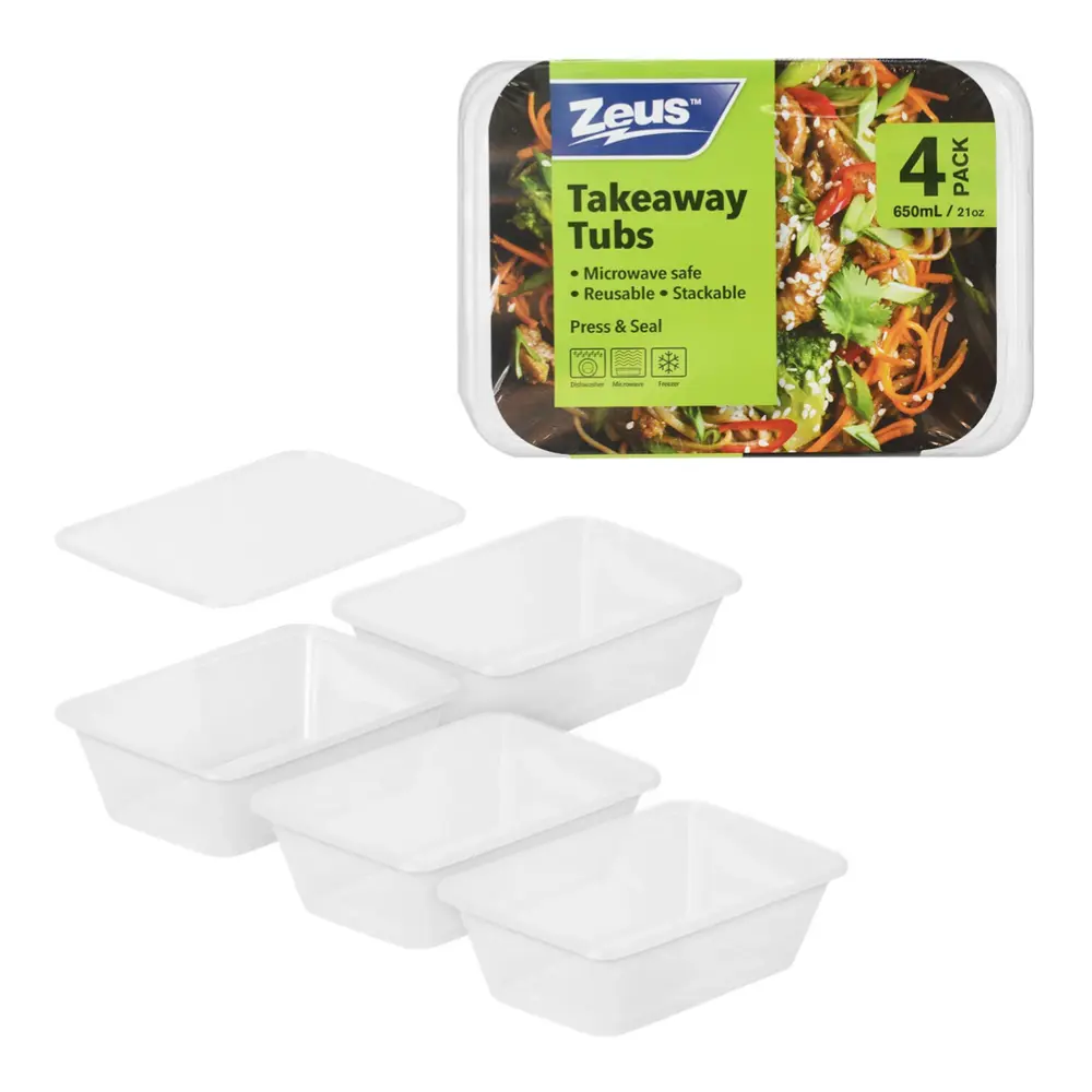 Hộp Nhựa Trong, Takeaway Tubs, Microwave Safe, 4 Cái, 21 oz (650ml) - ZEUS